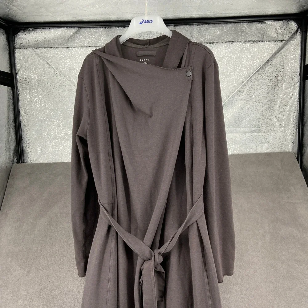 Lunya Restoration Long Robe Charcoal Grey Wrap Front Belted Maxi Loungewear L/XL
